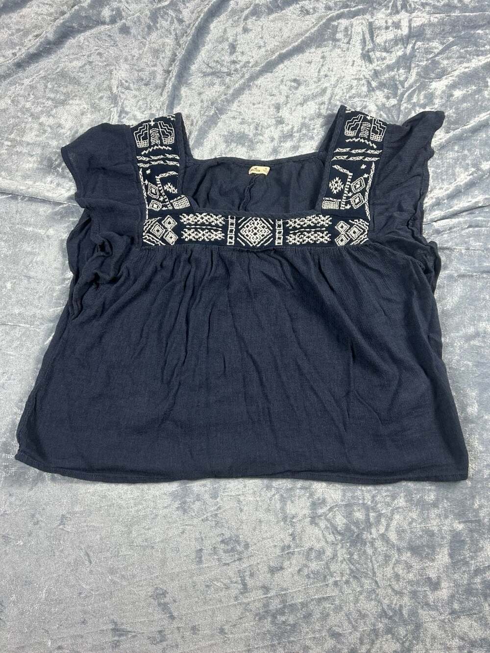 Hollister Navy Blue Embroidered Square Neck Boho Crop Top Size XS